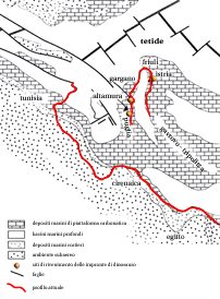 mappa paleografica dell'area mediterranea centro-occidentale durante il cretaceo inferiore